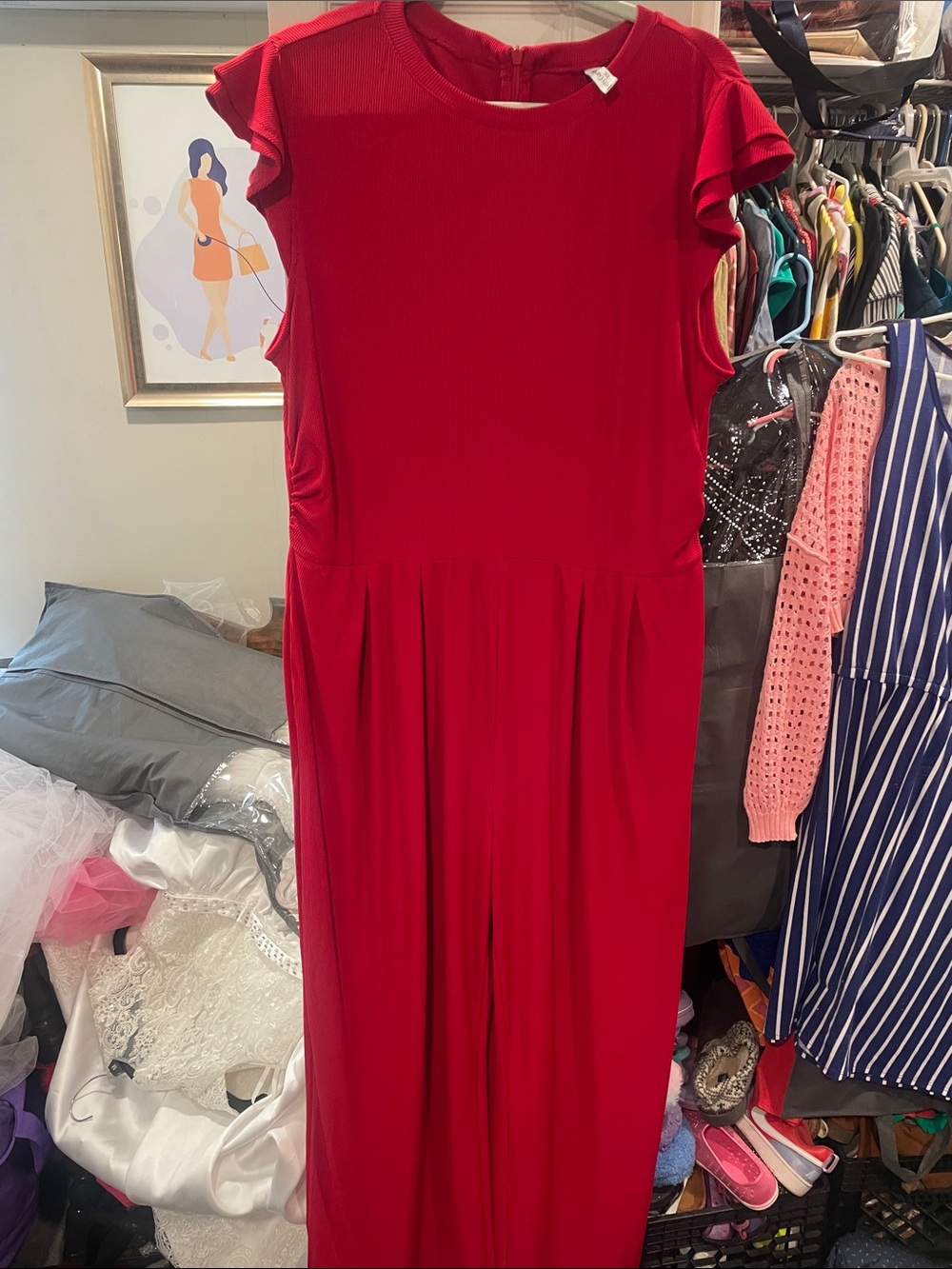 Red Women's Short-Sleeve Jumpsuit with Pleated Waist